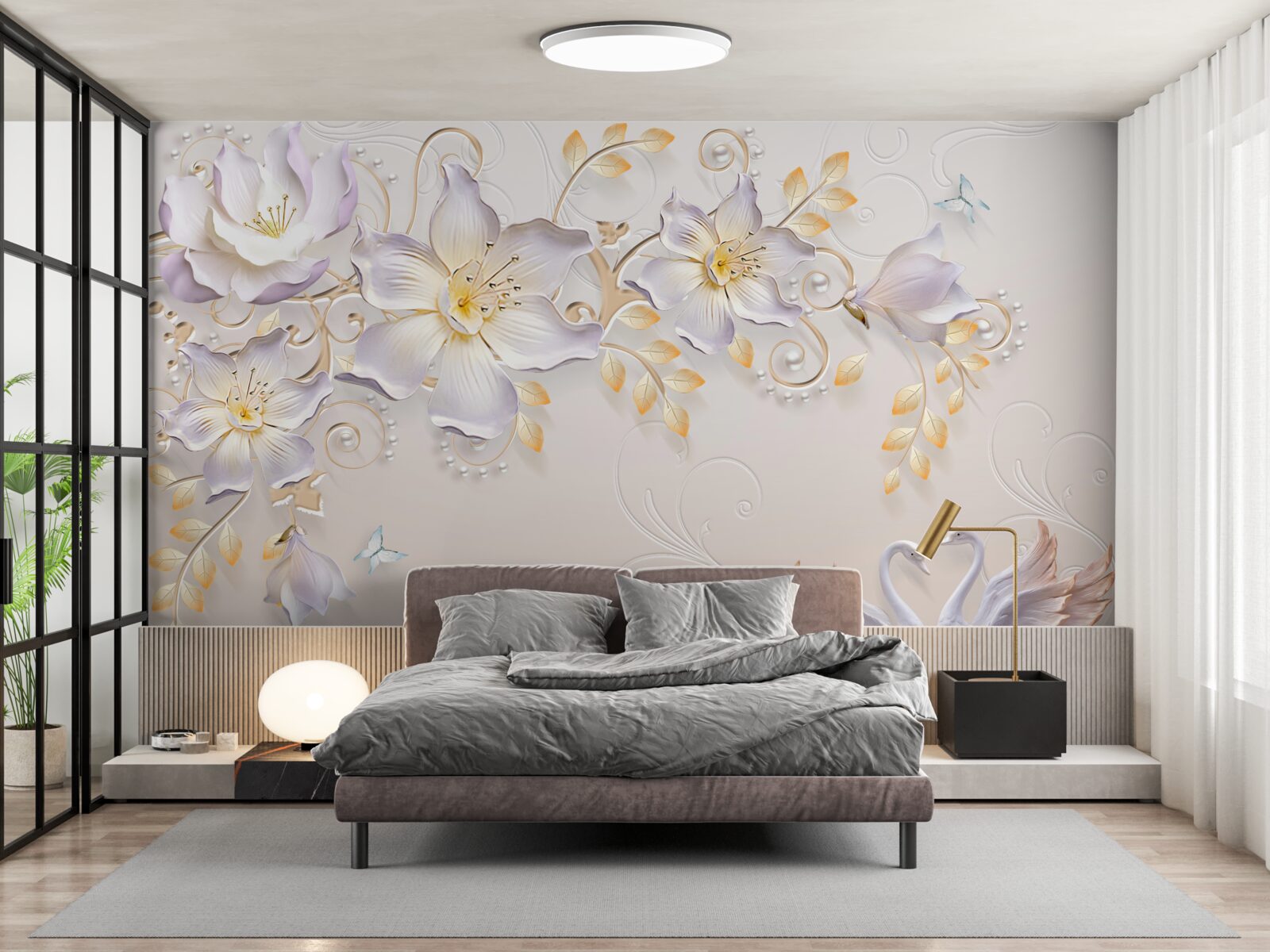 Papier peint Cygnes blancs et bourgeons légers