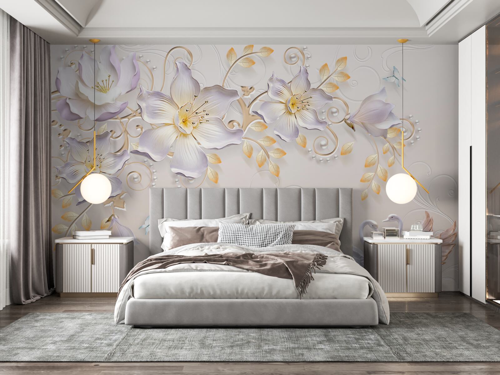 Papier peint Cygnes blancs et bourgeons légers