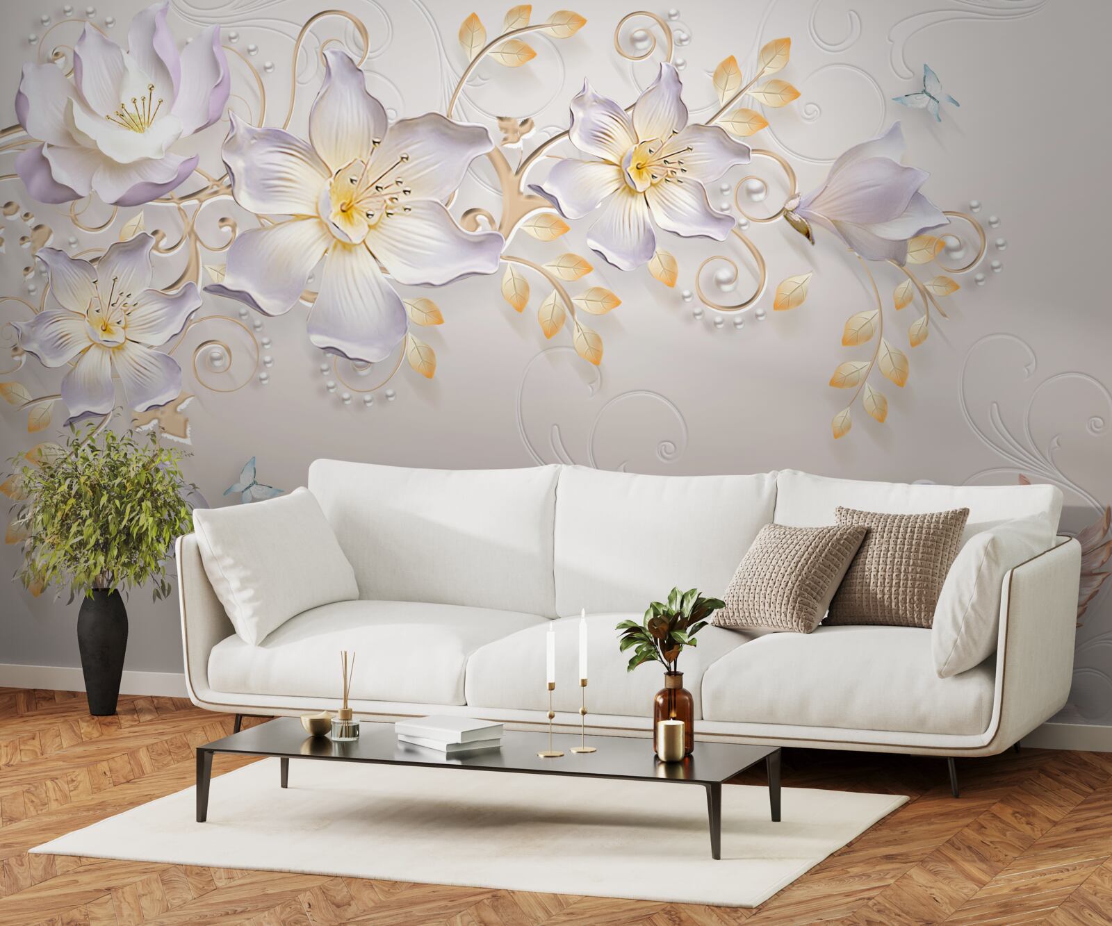 Papier peint Cygnes blancs et bourgeons légers