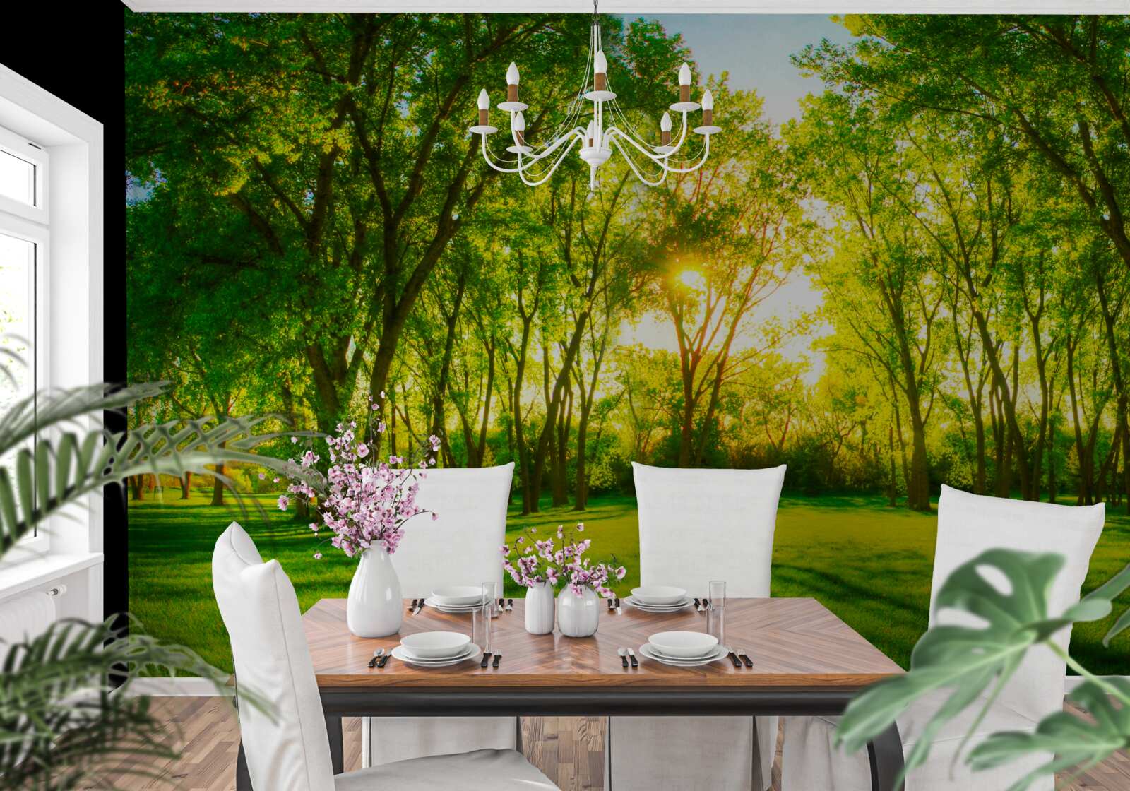 Papier peint dans la palette lumineuse d'une forêt verte du matin