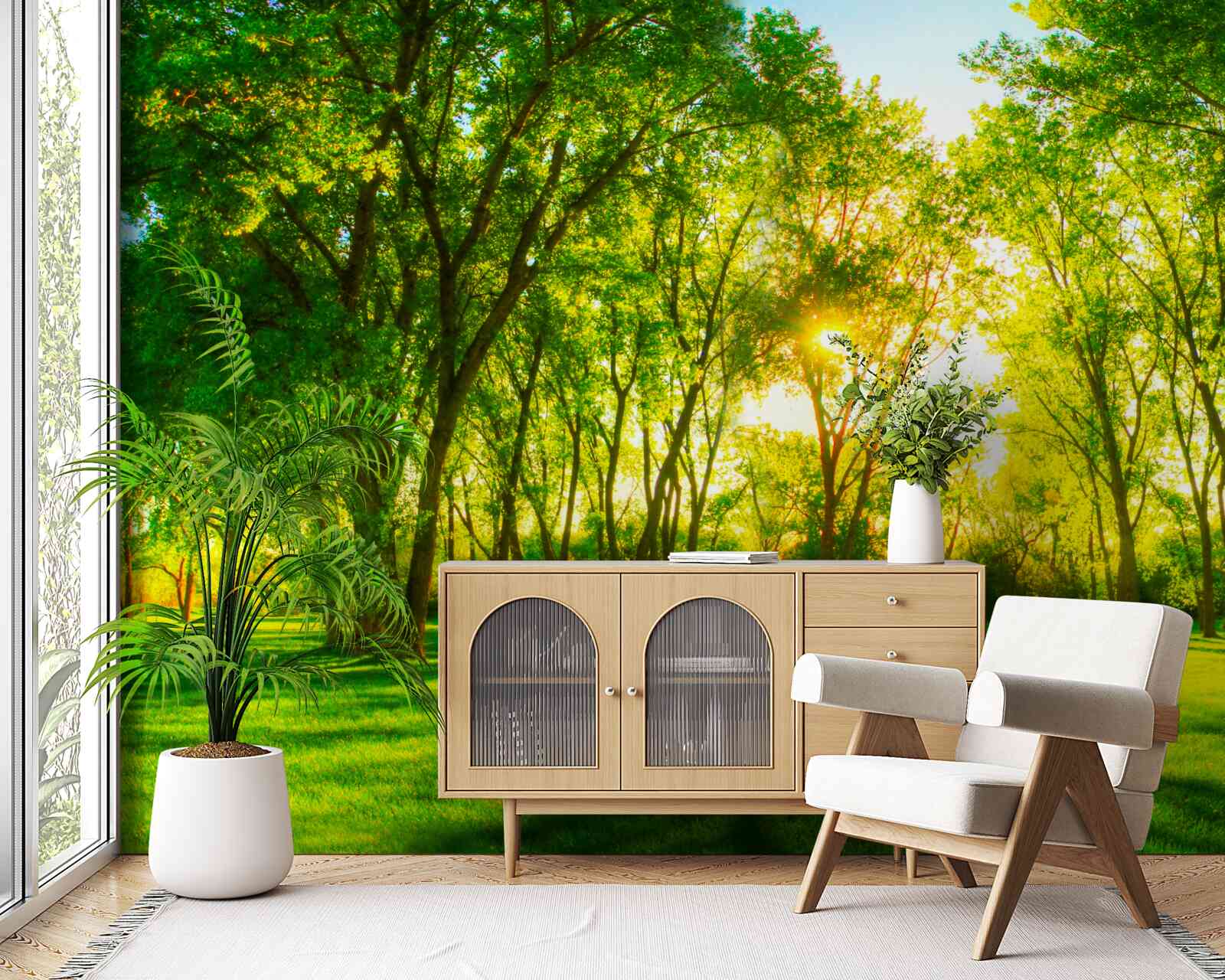 Papier peint dans la palette lumineuse d'une forêt verte du matin