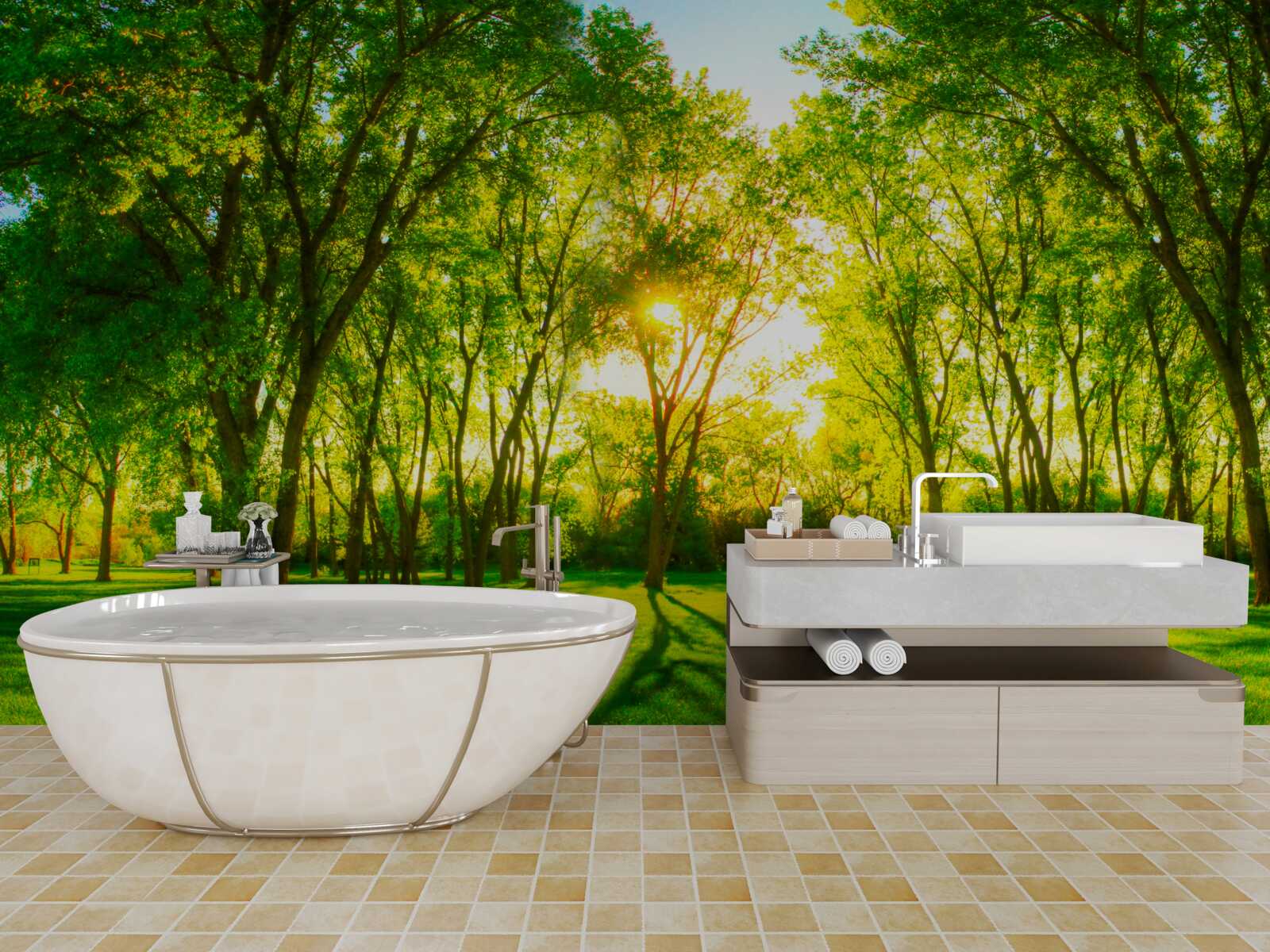 Papier peint dans la palette lumineuse d'une forêt verte du matin