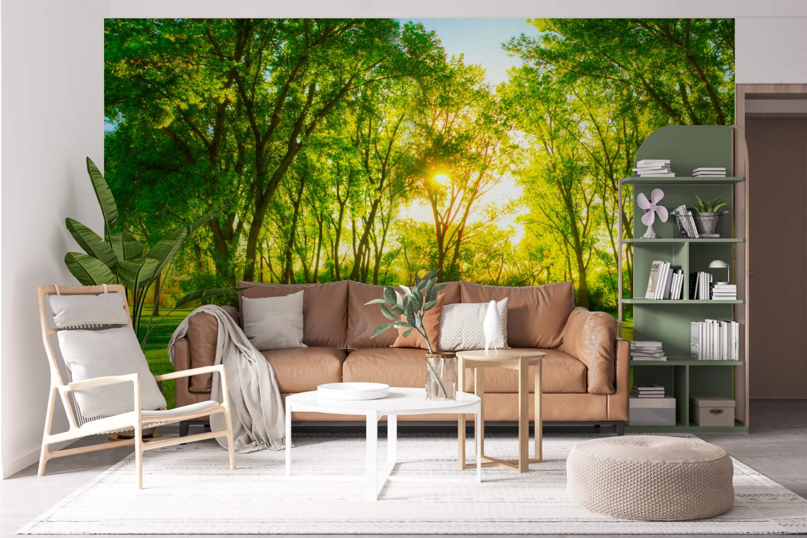 Papier peint dans la palette lumineuse d'une forêt verte du matin