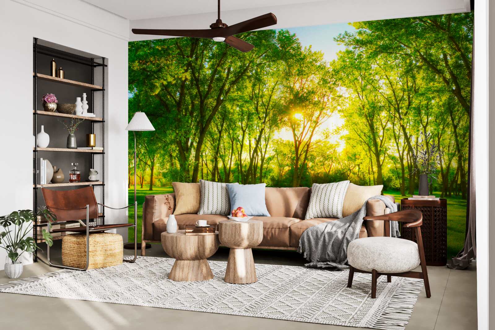 Papier peint dans la palette lumineuse d'une forêt verte du matin