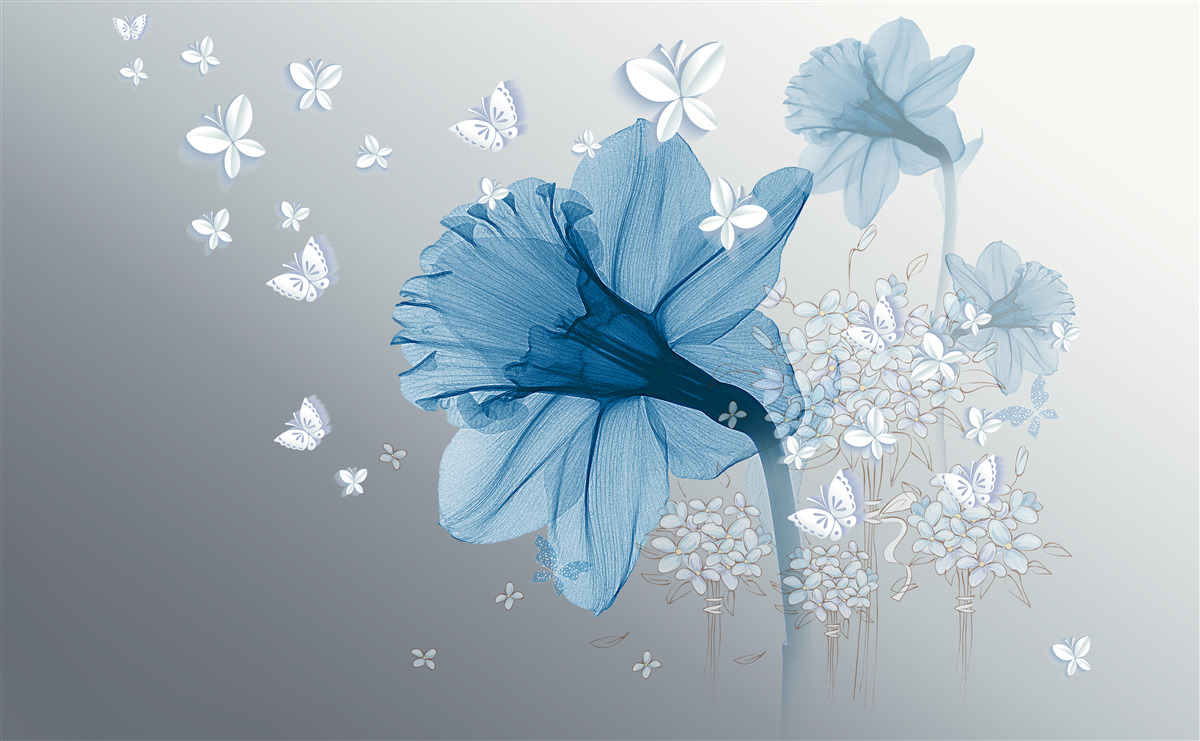 Papier peint les fleurs bleues sont entourées de papillons blancs