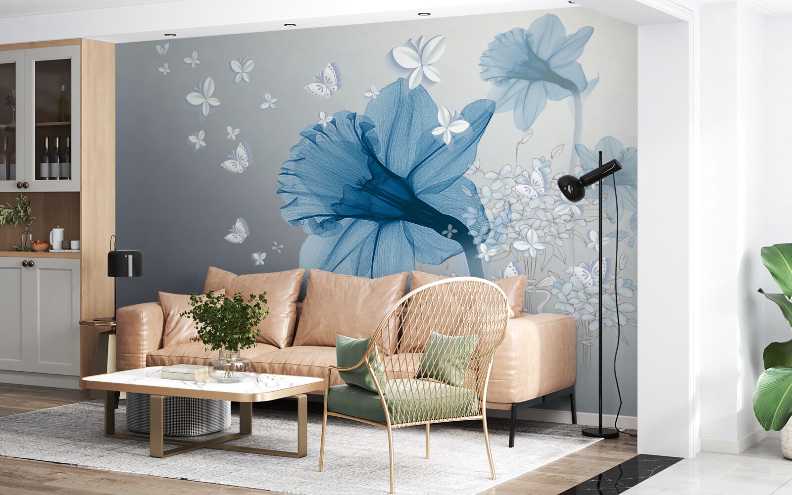 Papier peint les fleurs bleues sont entourées de papillons blancs