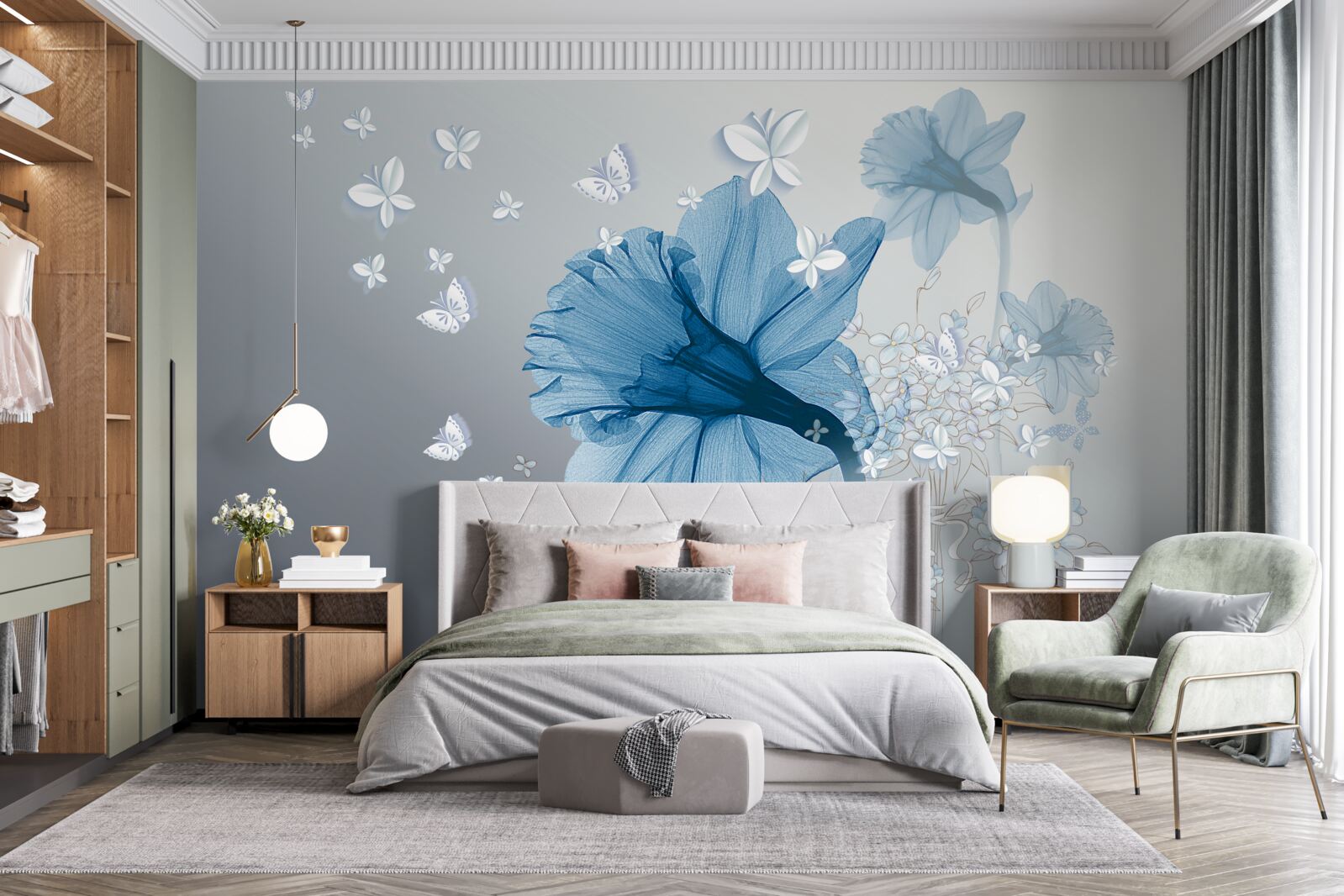 Papier peint les fleurs bleues sont entourées de papillons blancs