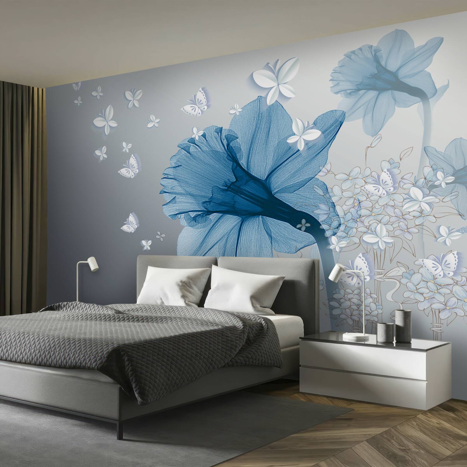 Papier peint les fleurs bleues sont entourées de papillons blancs