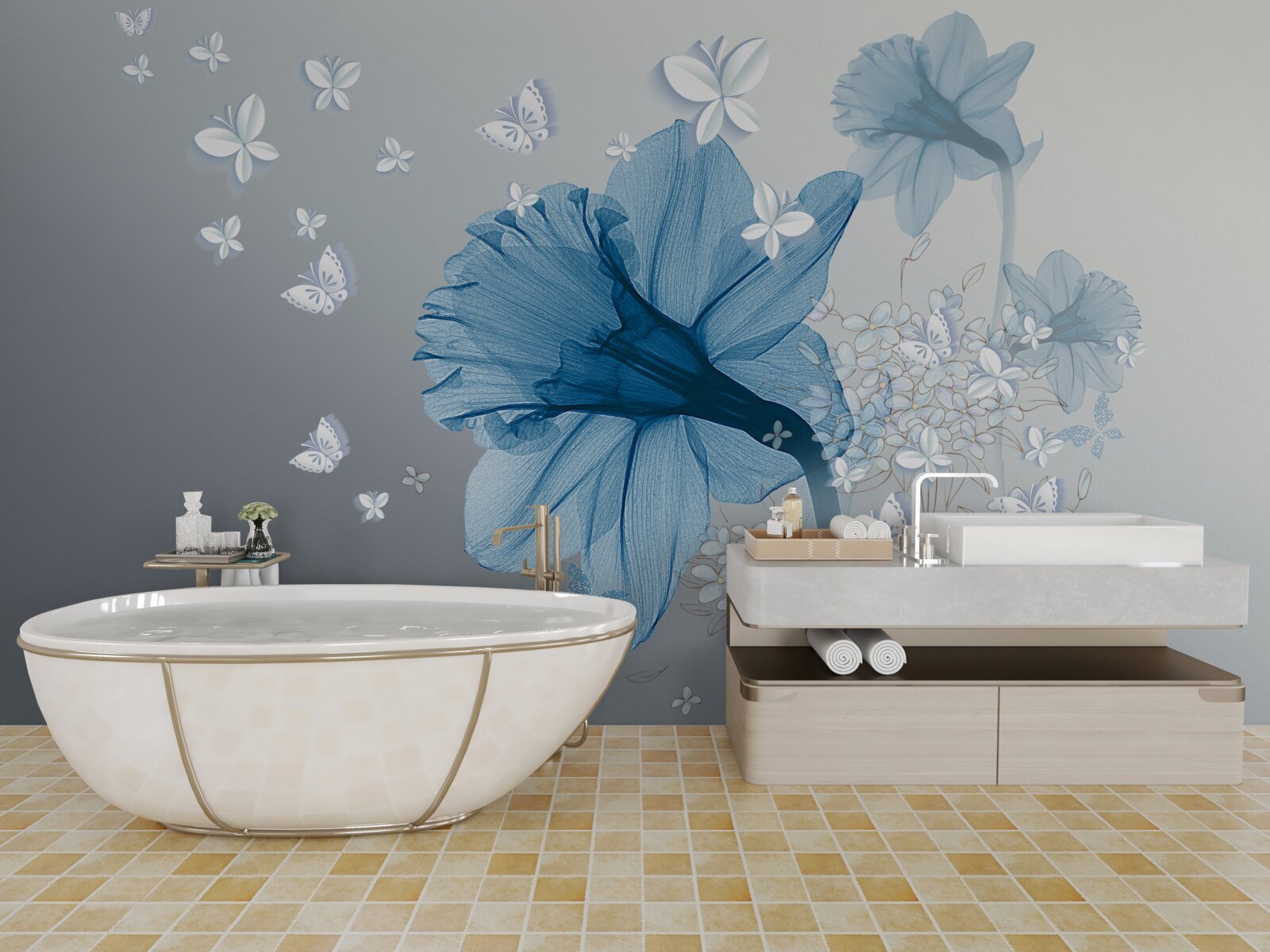 Papier peint les fleurs bleues sont entourées de papillons blancs