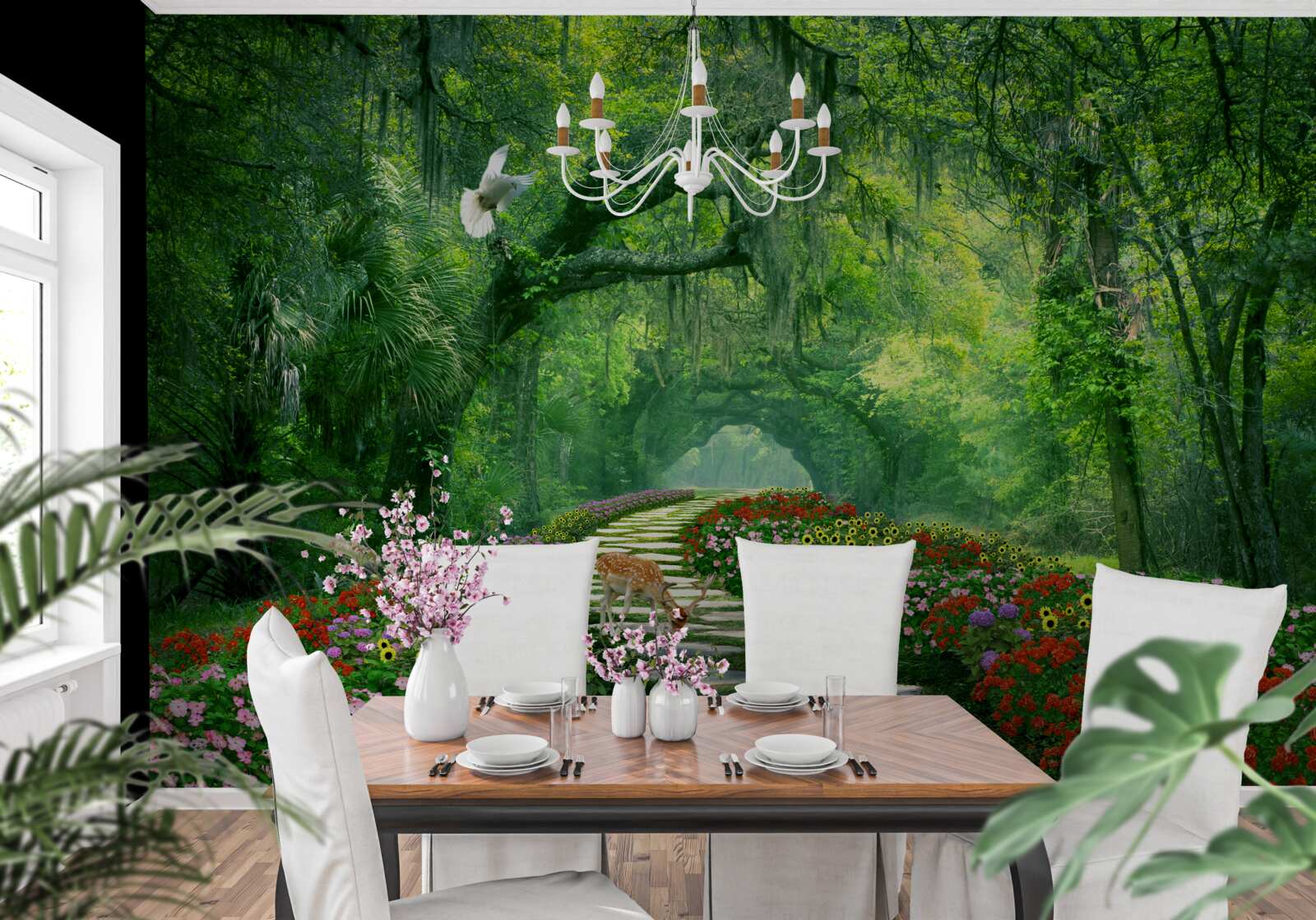 Papier peint un sentier tropical coloré et fleuri à travers la forêt