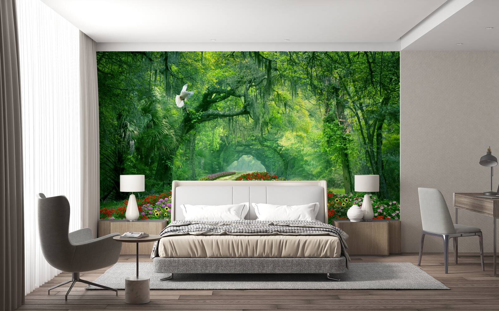 Papier peint un sentier tropical coloré et fleuri à travers la forêt