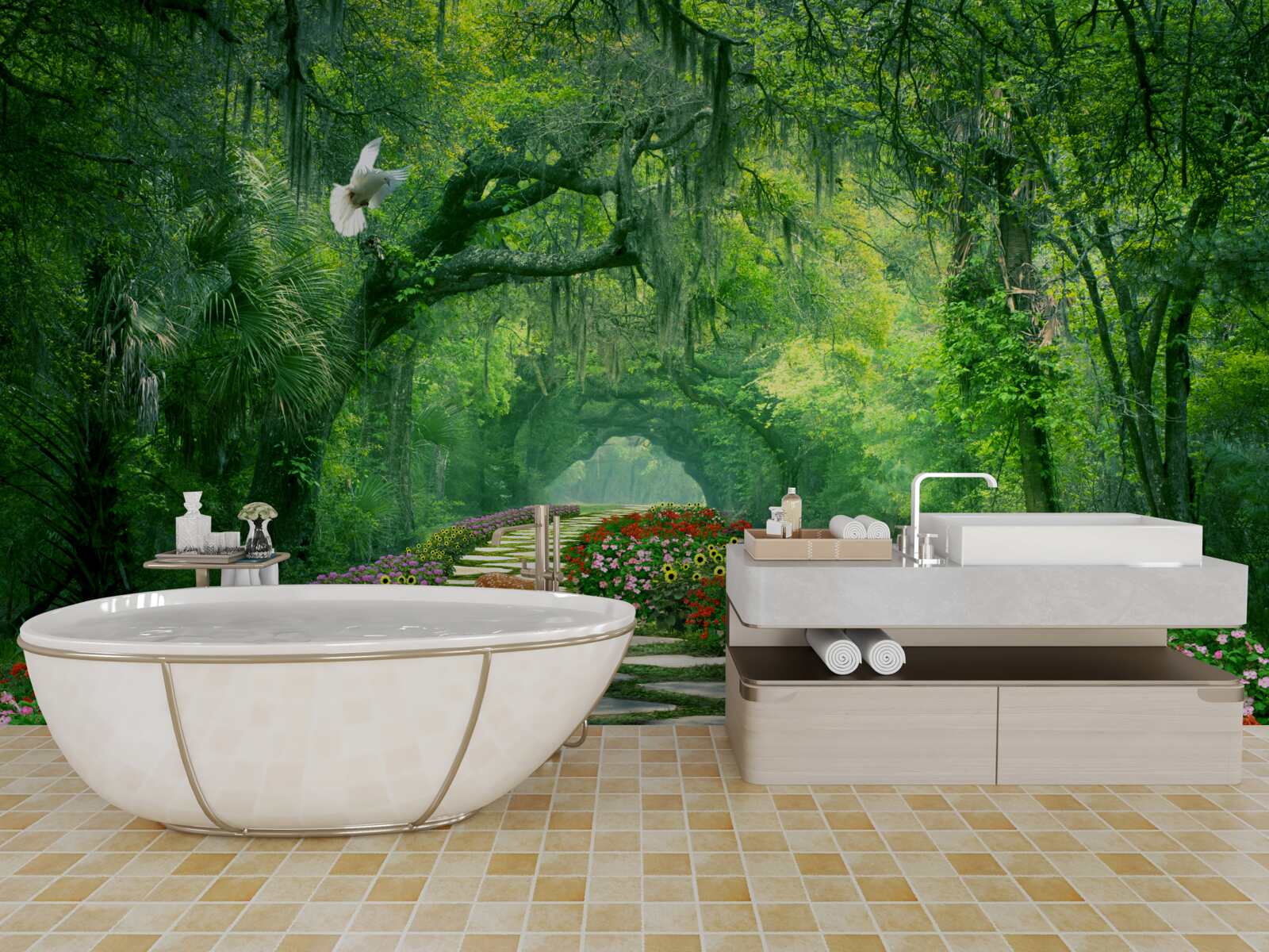 Papier peint un sentier tropical coloré et fleuri à travers la forêt