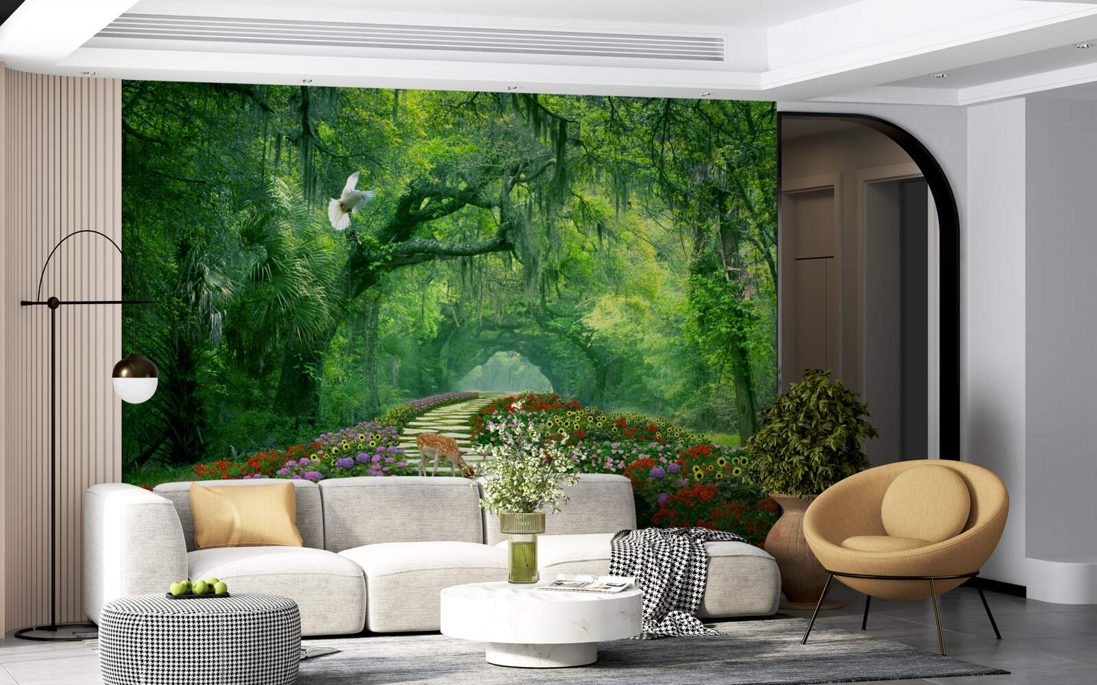 Papier peint un sentier tropical coloré et fleuri à travers la forêt