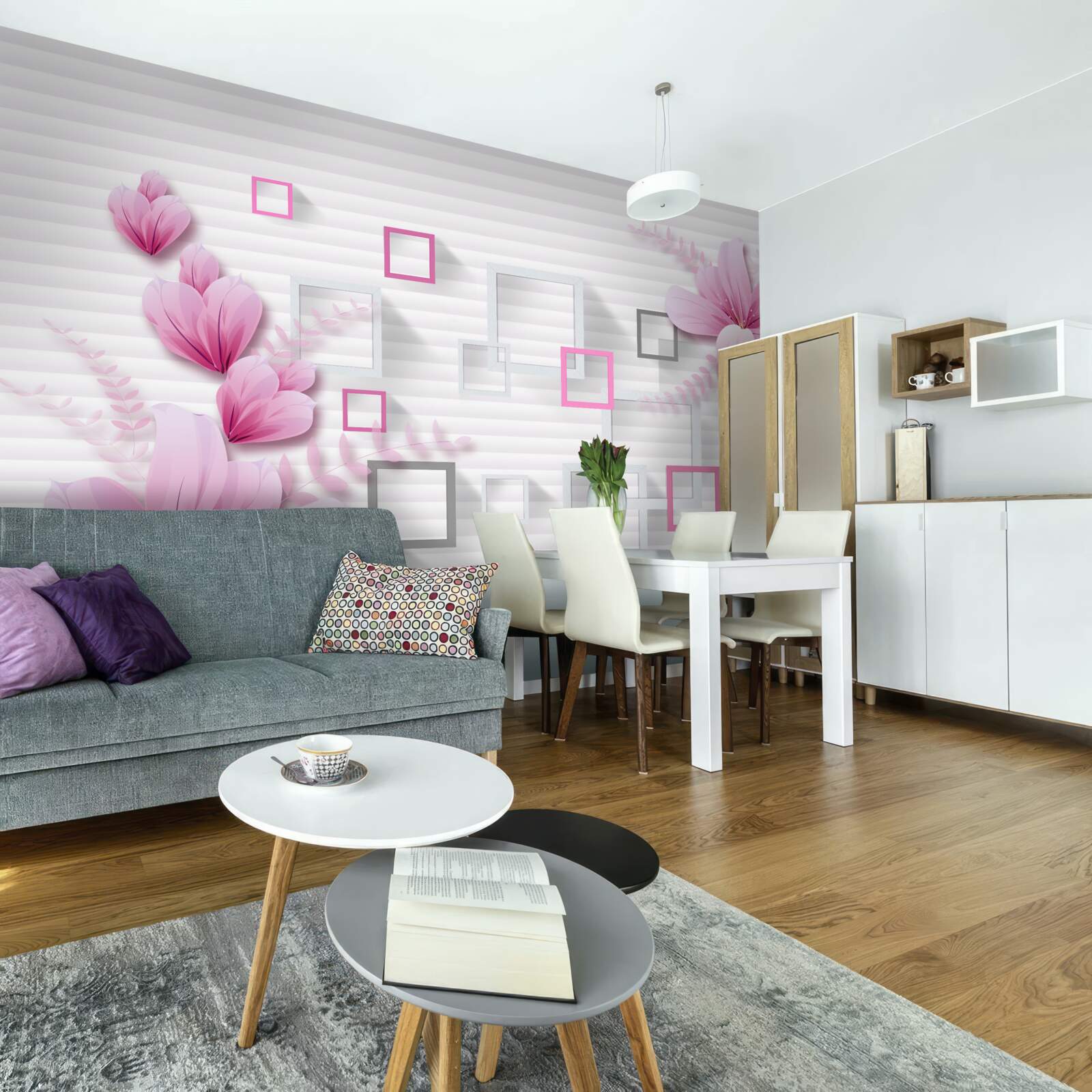 Papier peint carrés et fleurs lilas sur brique blanche