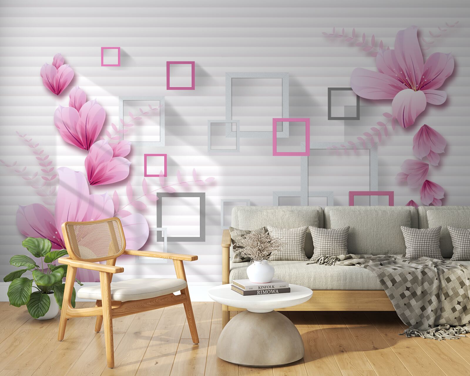 Papier peint carrés et fleurs lilas sur brique blanche