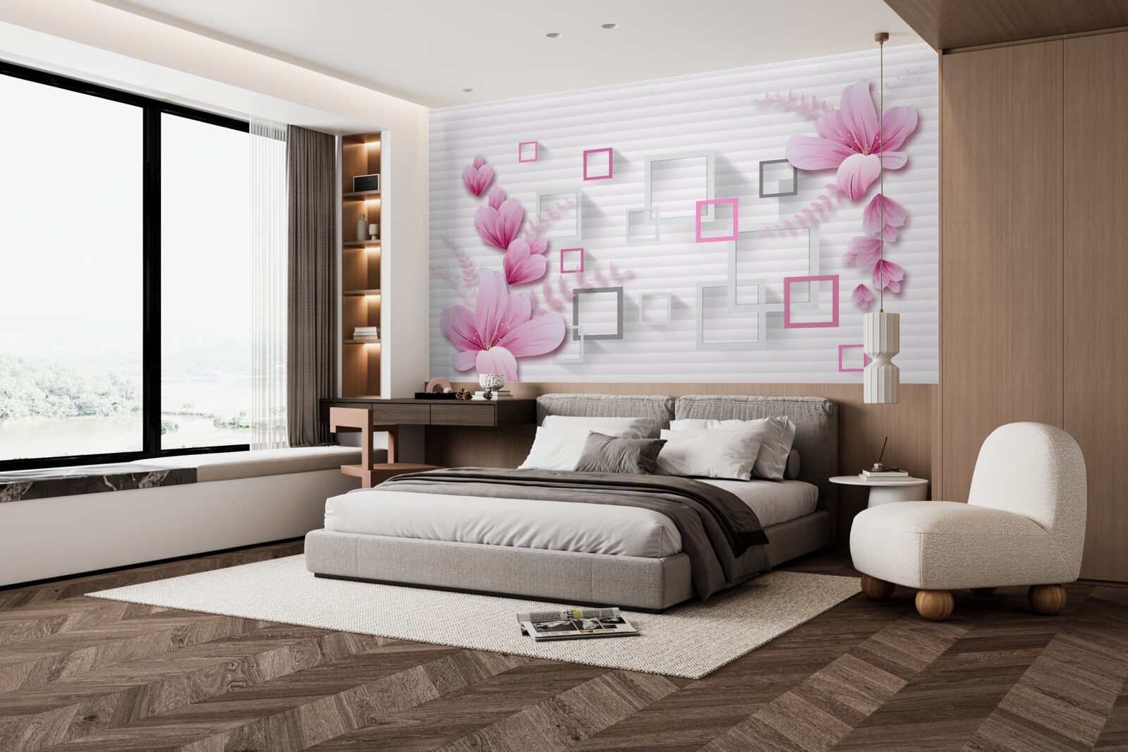 Papier peint carrés et fleurs lilas sur brique blanche