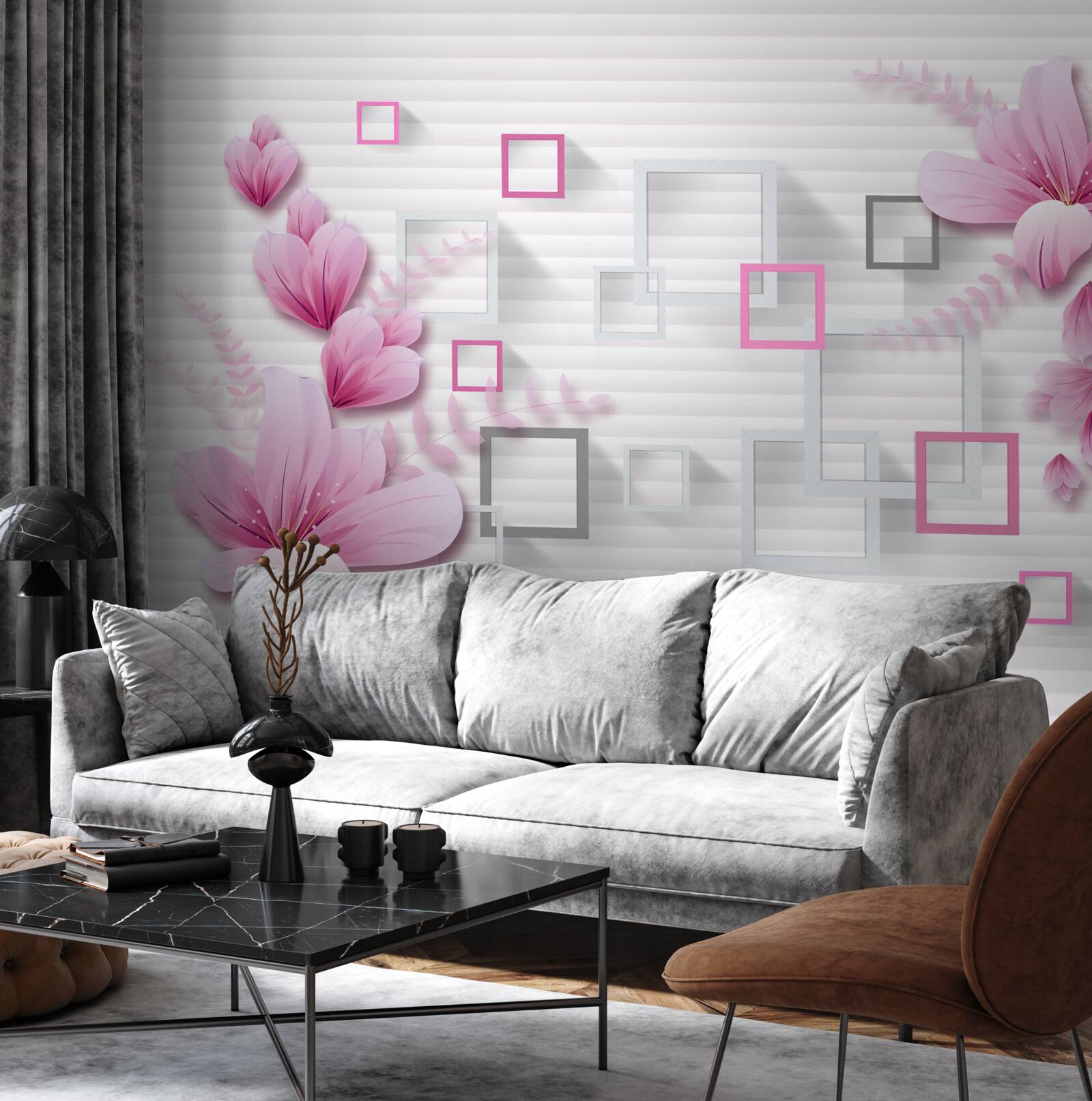 Papier peint carrés et fleurs lilas sur brique blanche