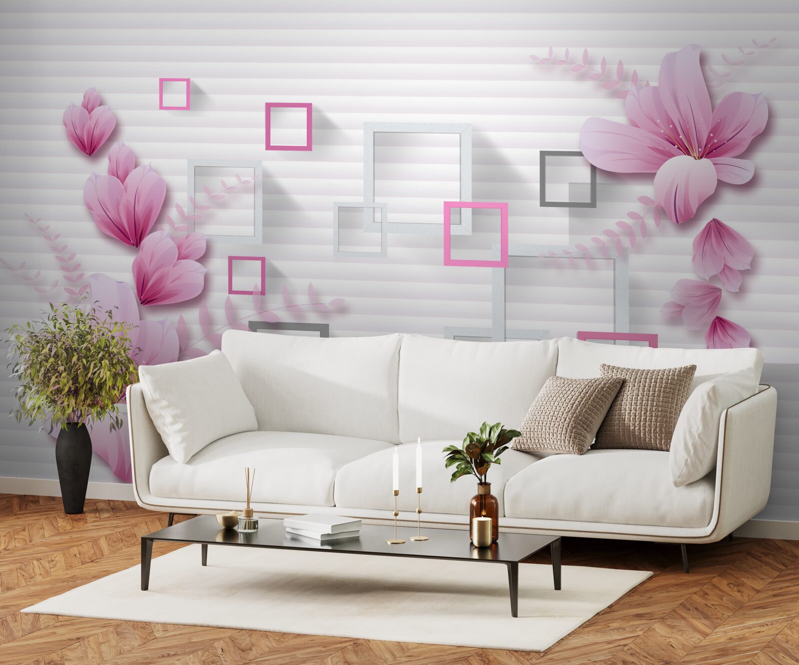 Papier peint carrés et fleurs lilas sur brique blanche