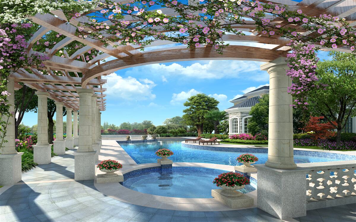 Papier peint piscine avec bassin près de la maison