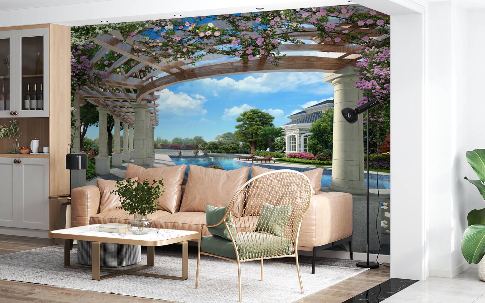 Papier peint piscine avec bassin près de la maison