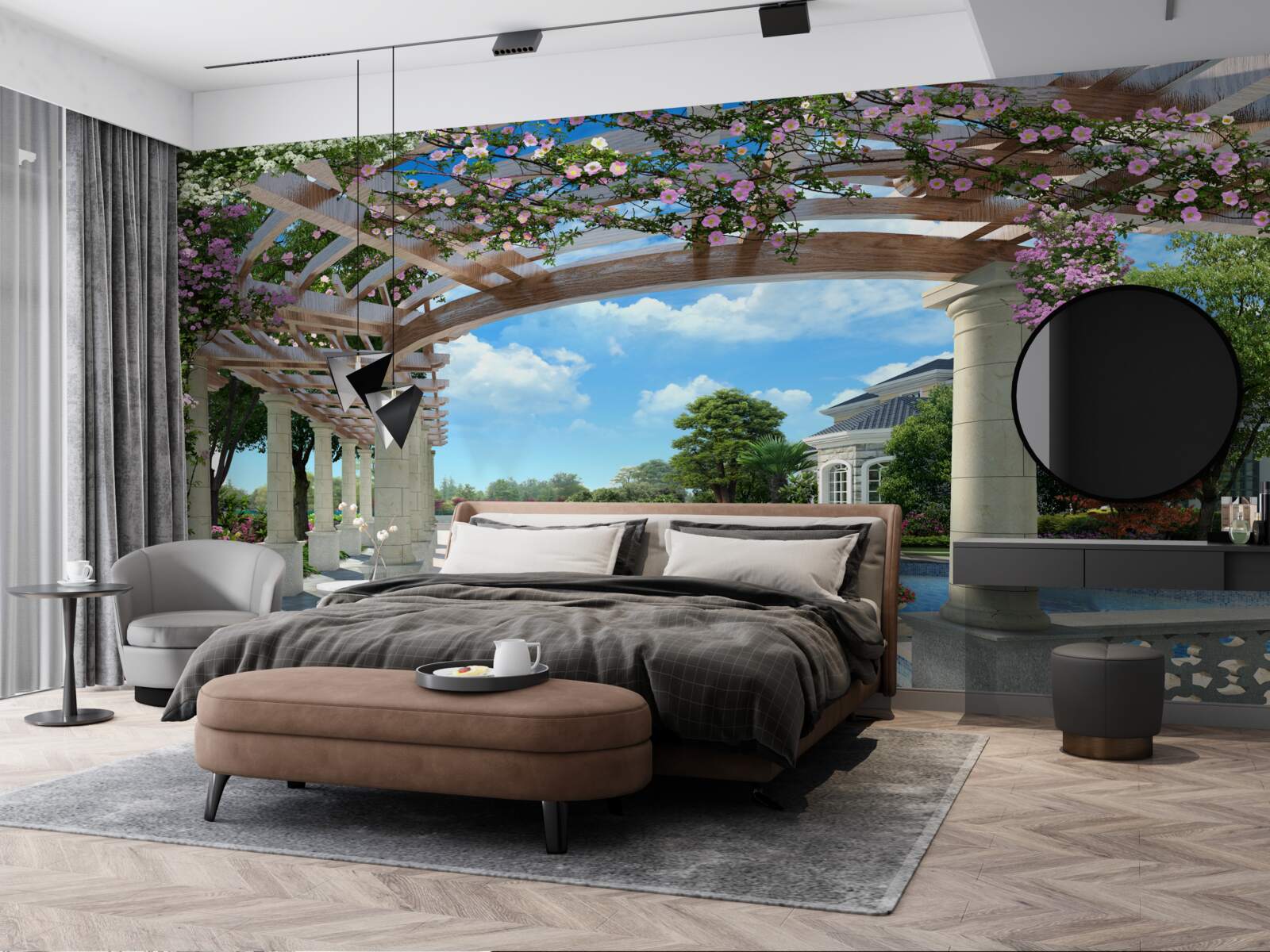 Papier peint piscine avec bassin près de la maison