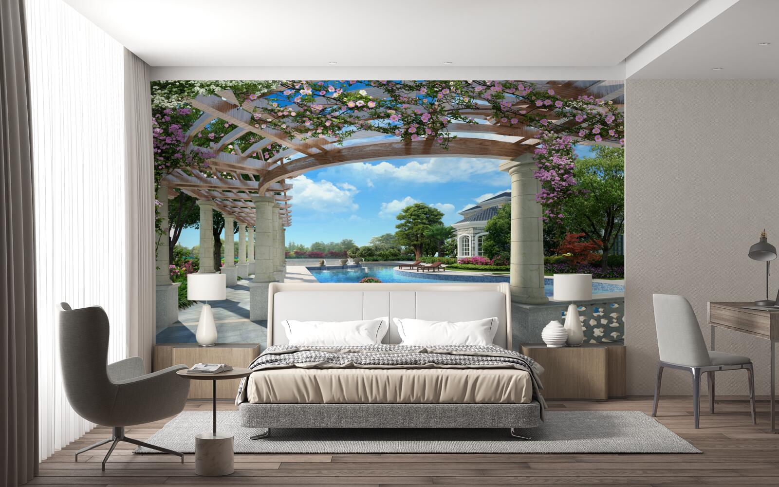 Papier peint piscine avec bassin près de la maison