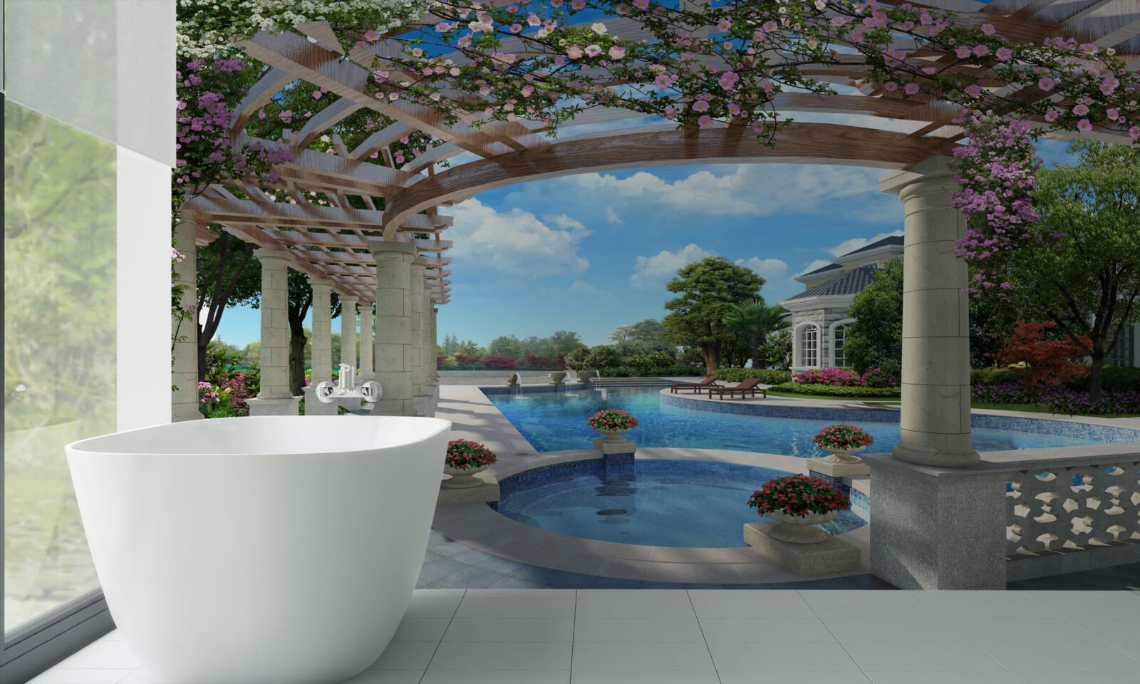 Papier peint piscine avec bassin près de la maison