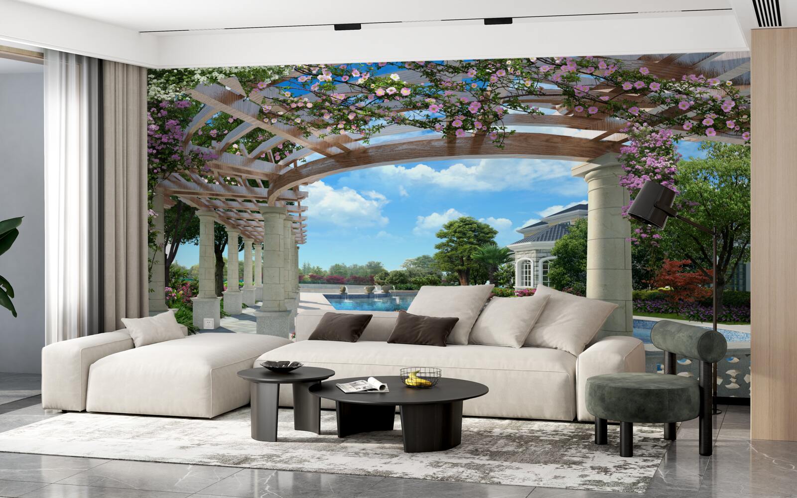 Papier peint piscine avec bassin près de la maison