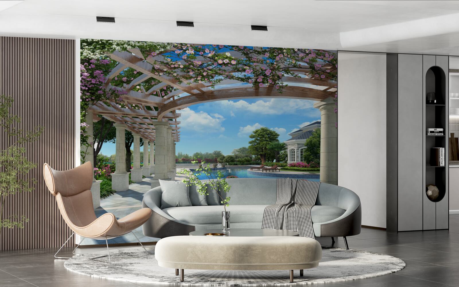 Papier peint piscine avec bassin près de la maison