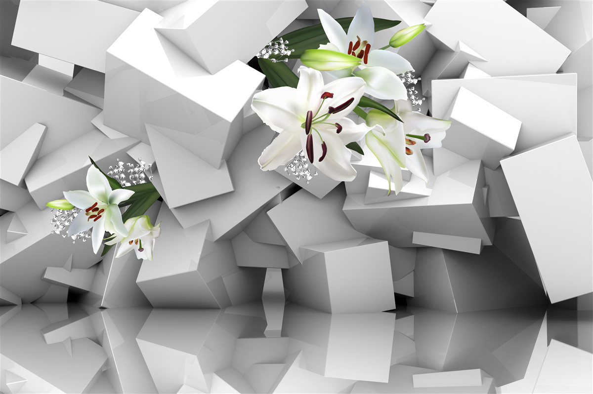 Papier peint fond géométrique décoré de boutons de lys blancs