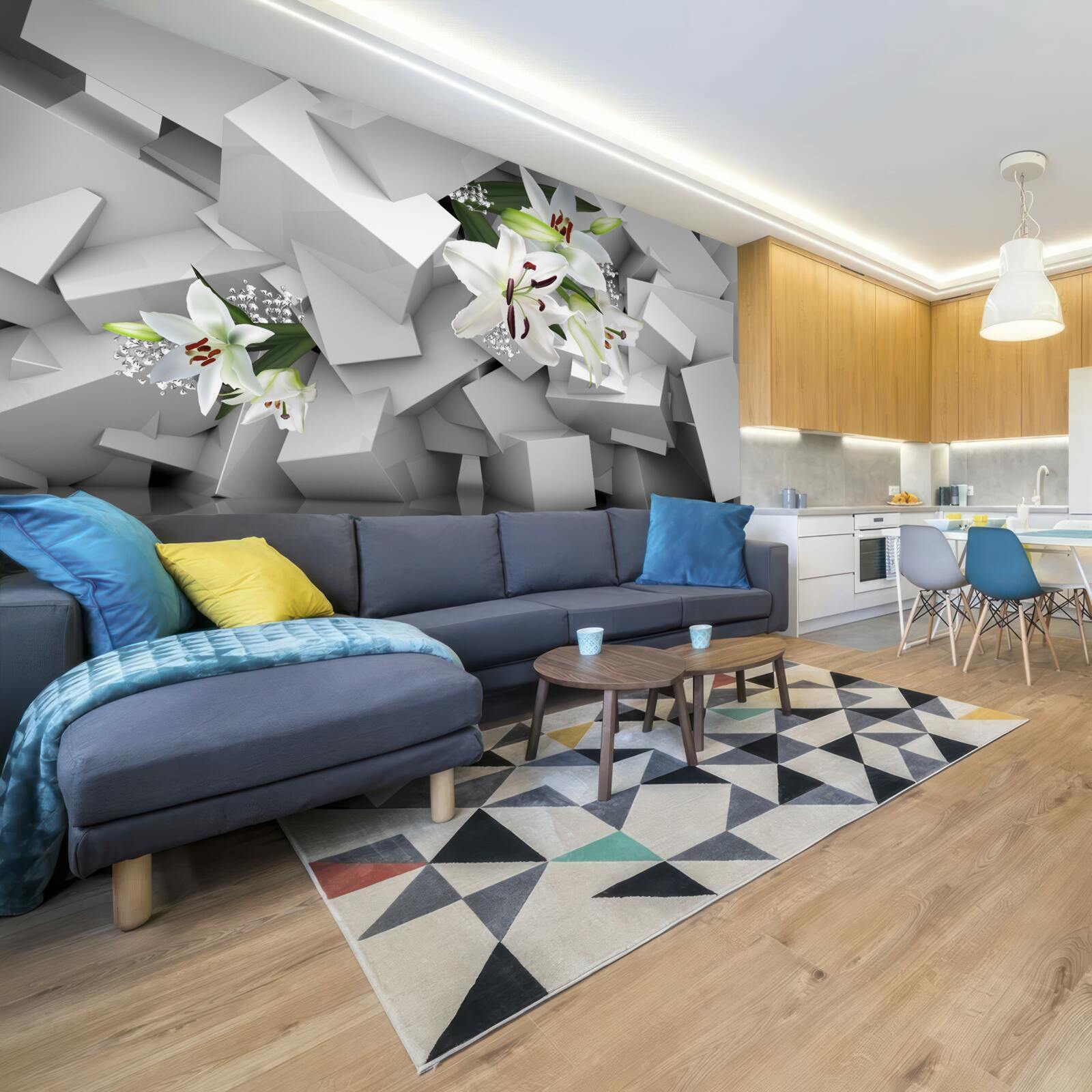 Papier peint fond géométrique décoré de boutons de lys blancs