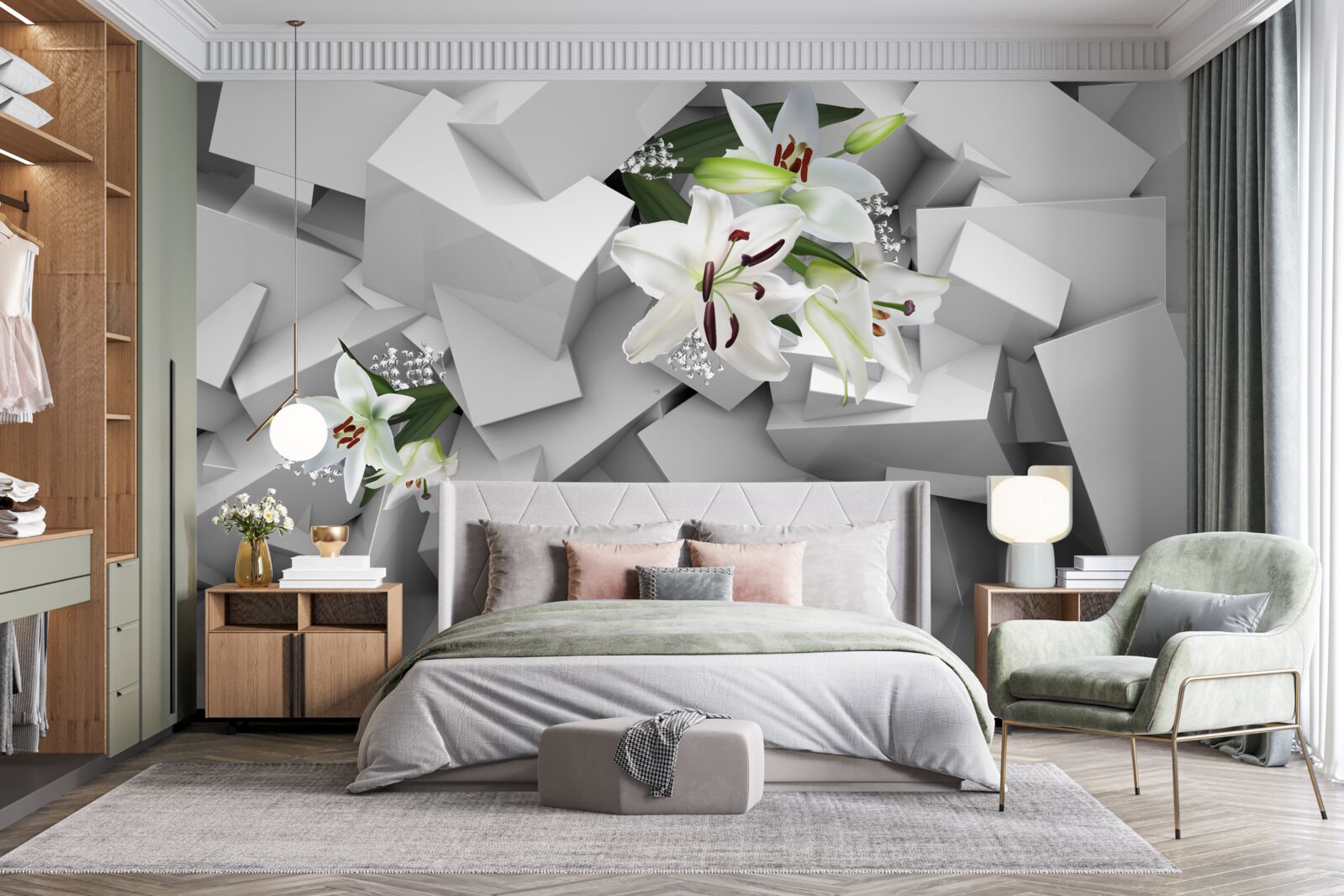 Papier peint fond géométrique décoré de boutons de lys blancs