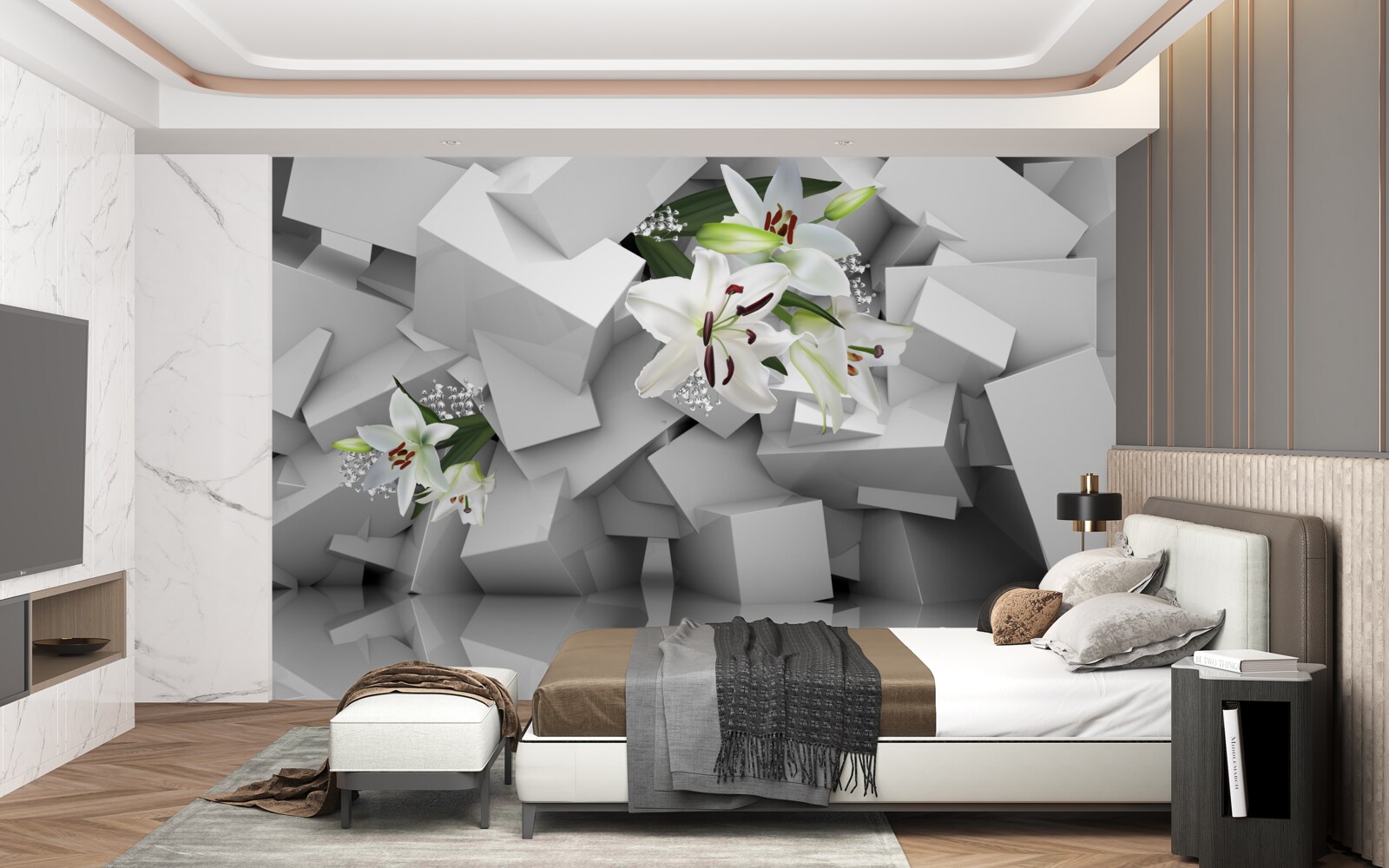 Papier peint fond géométrique décoré de boutons de lys blancs