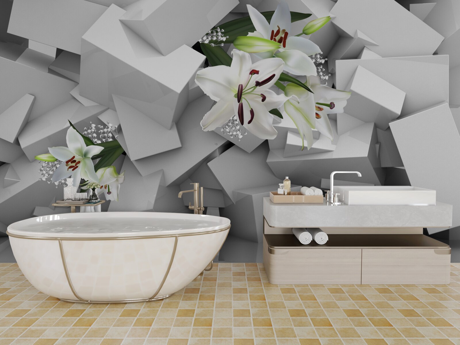 Papier peint fond géométrique décoré de boutons de lys blancs