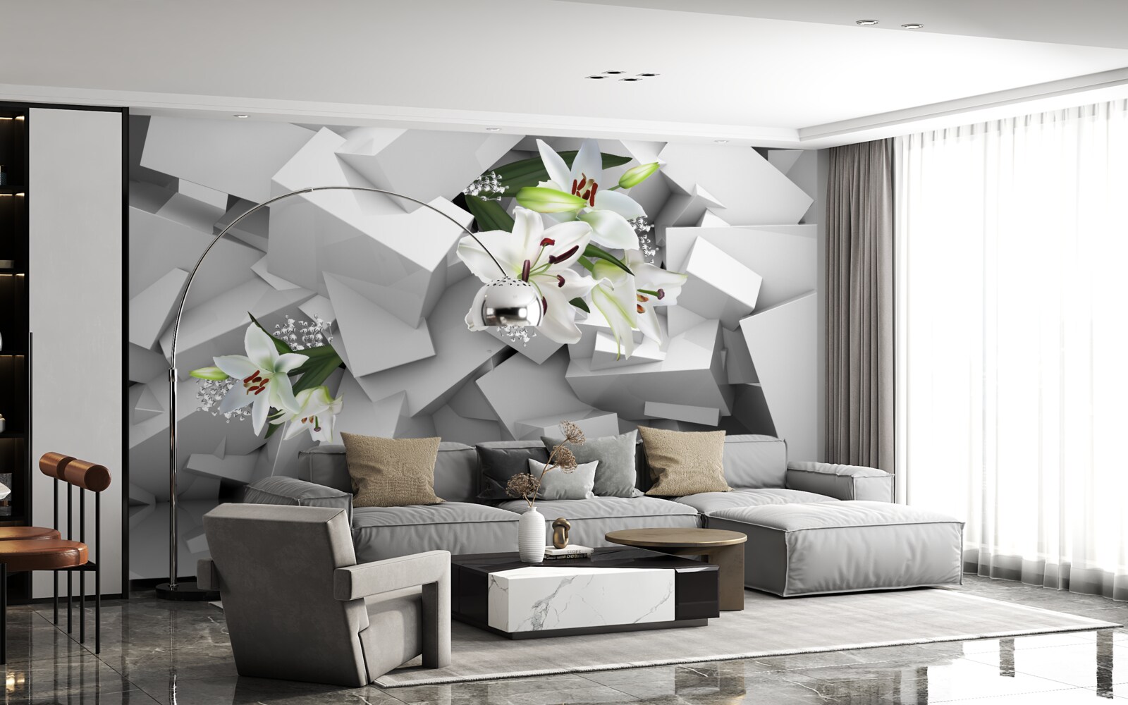 Papier peint fond géométrique décoré de boutons de lys blancs