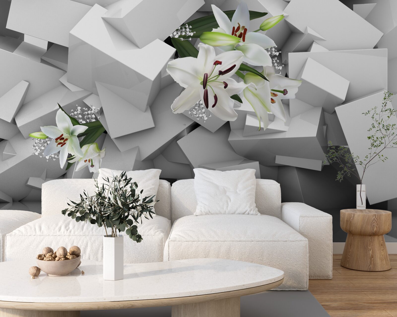 Papier peint fond géométrique décoré de boutons de lys blancs