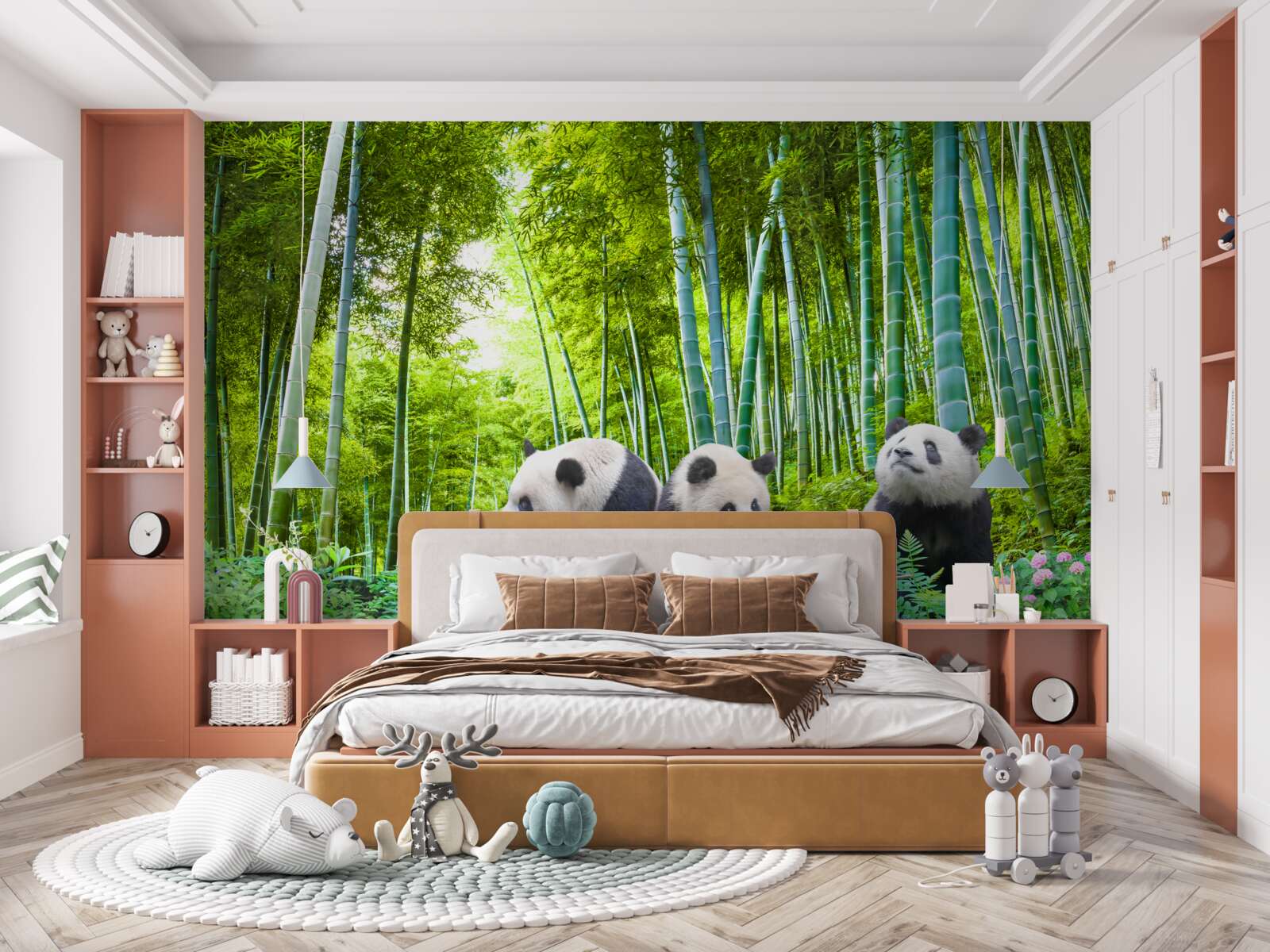 Papier peint il y a trois pandas dans la forêt