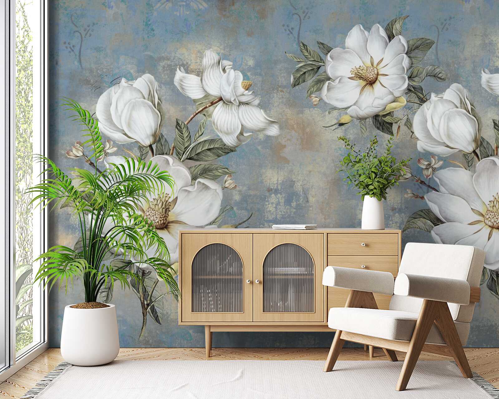 Papier peint Fleurs blanches sur un mur en béton peint