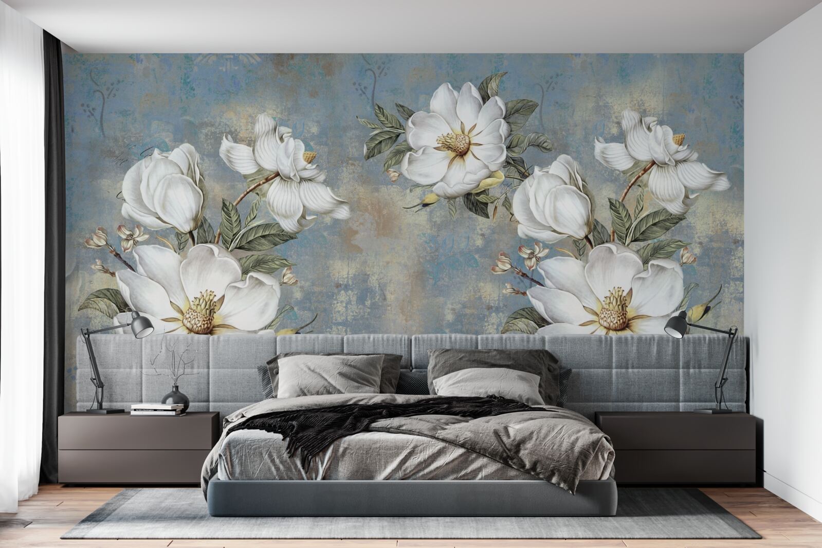 Papier peint Fleurs blanches sur un mur en béton peint