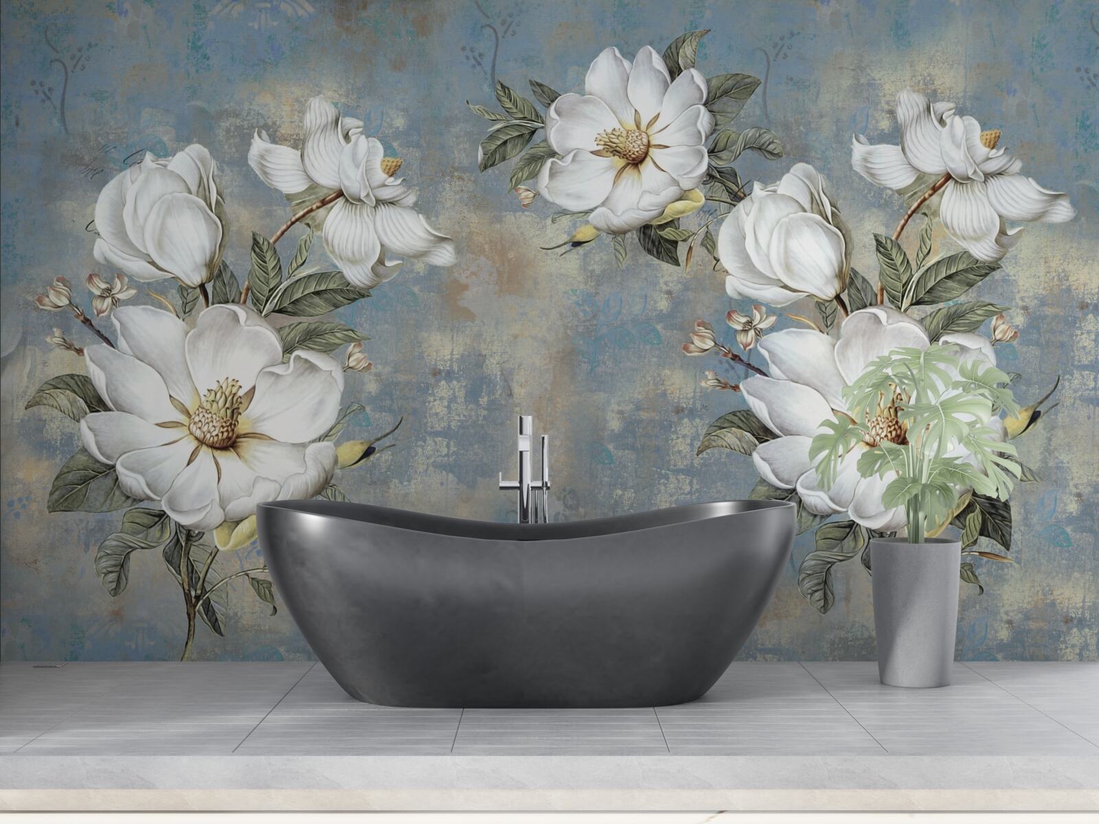 Papier peint Fleurs blanches sur un mur en béton peint