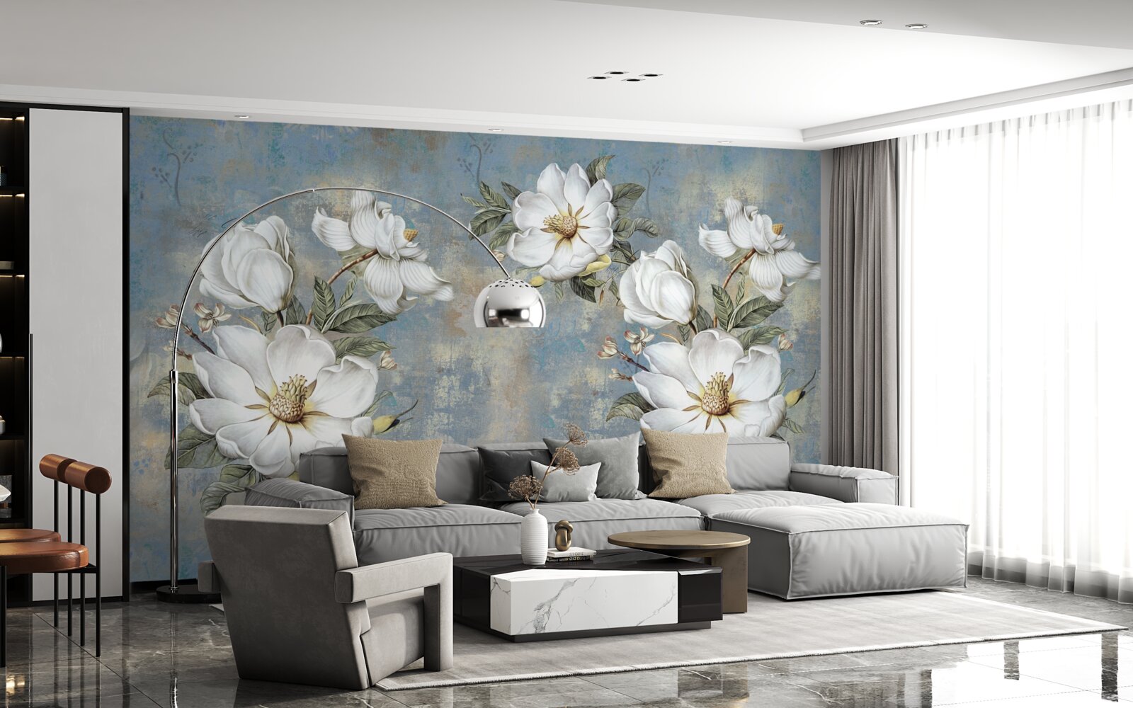 Papier peint Fleurs blanches sur un mur en béton peint