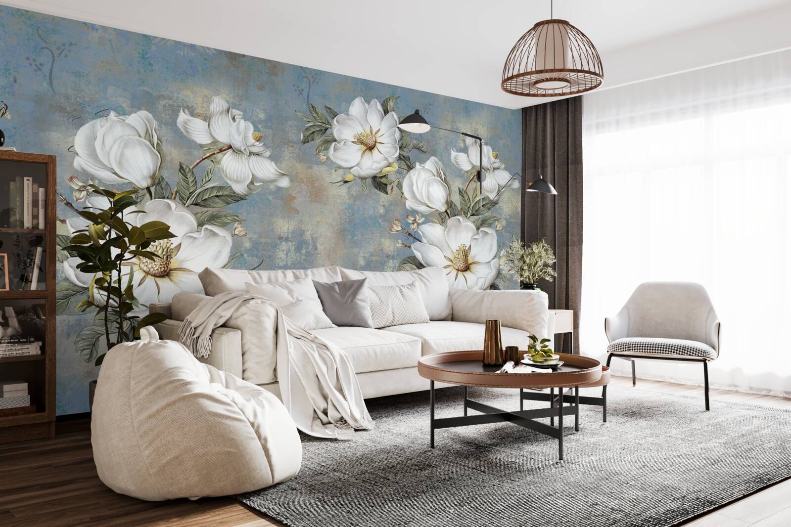 Papier peint Fleurs blanches sur un mur en béton peint