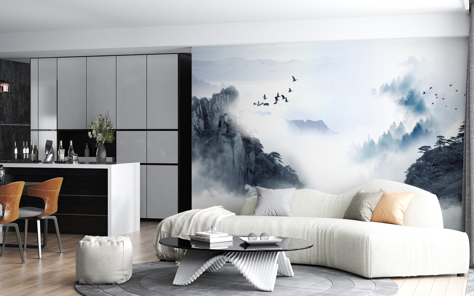 Papier peint par crainte du brouillard froid, les oiseaux prennent de la hauteur