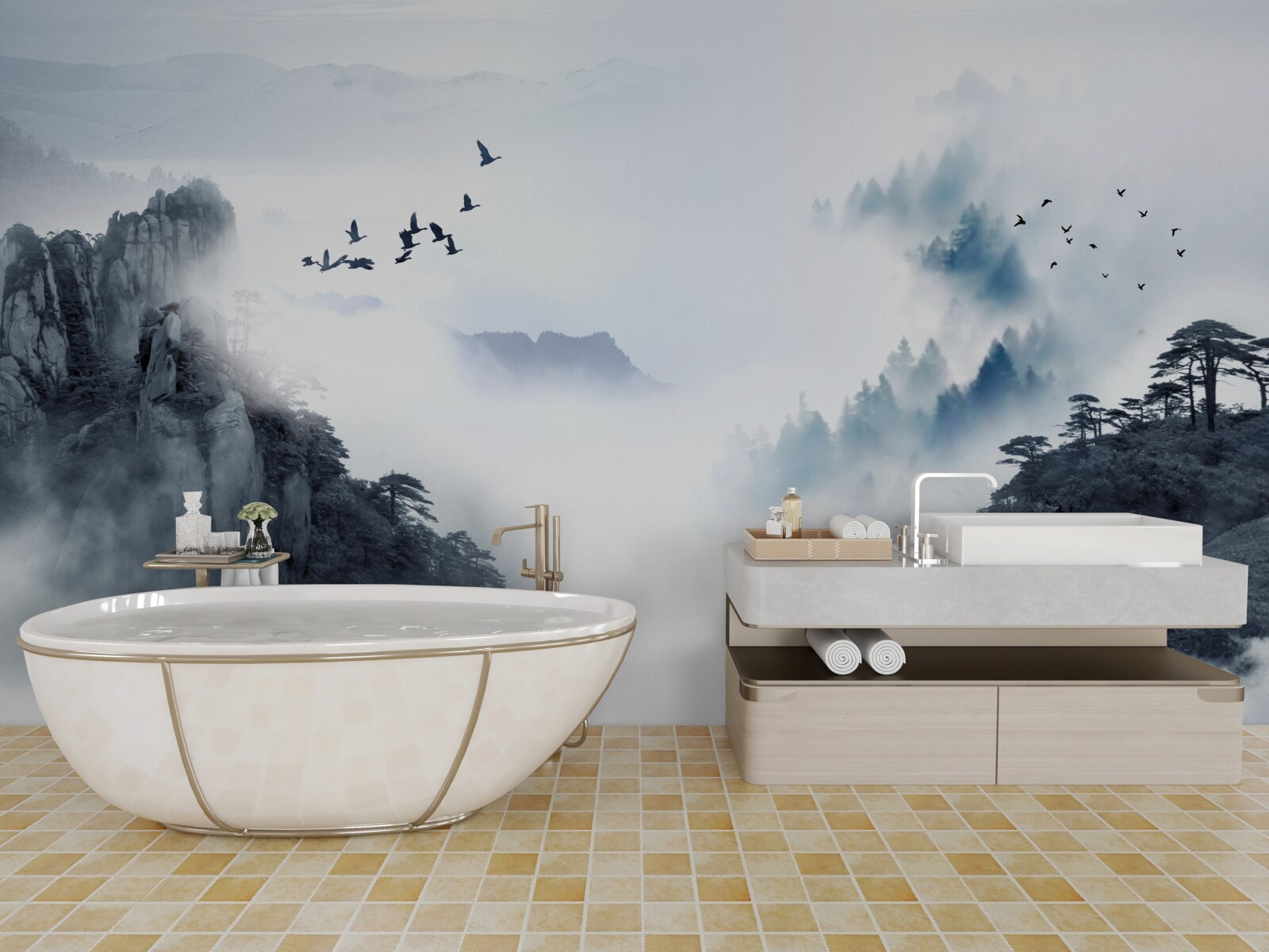 Papier peint par crainte du brouillard froid, les oiseaux prennent de la hauteur