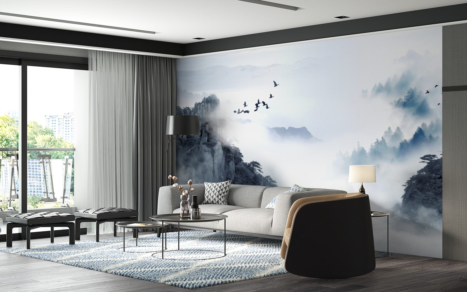 Papier peint par crainte du brouillard froid, les oiseaux prennent de la hauteur