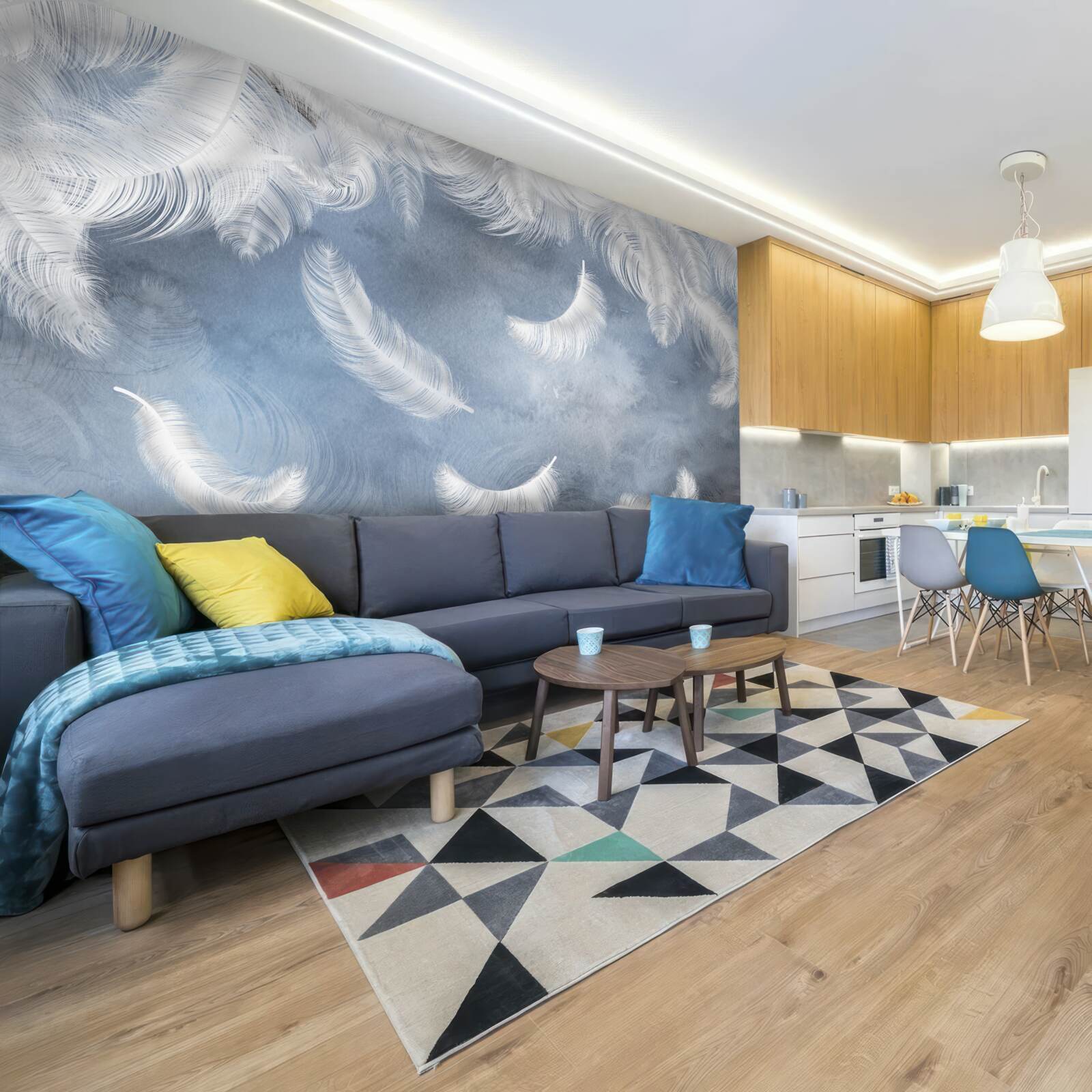 Papier peint les plumes volent blanc neige sur un ciel bleu