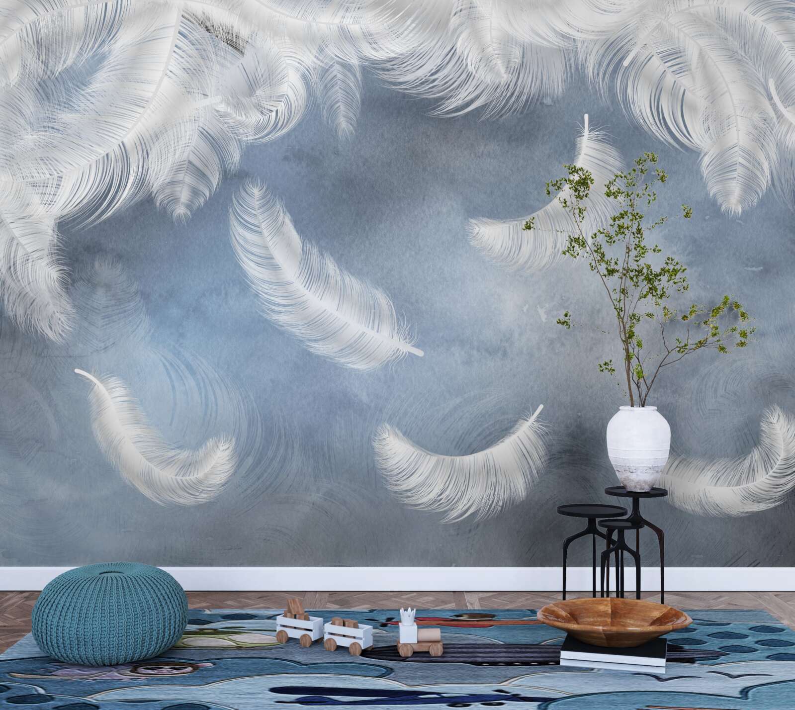 Papier peint les plumes volent blanc neige sur un ciel bleu