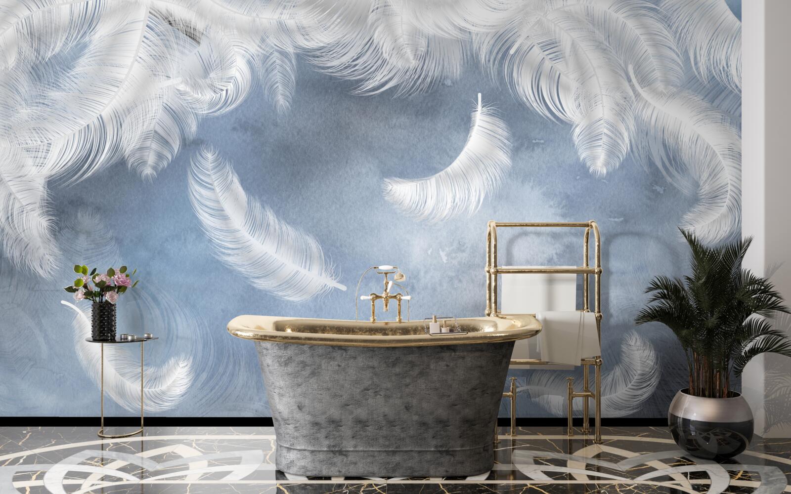 Papier peint les plumes volent blanc neige sur un ciel bleu