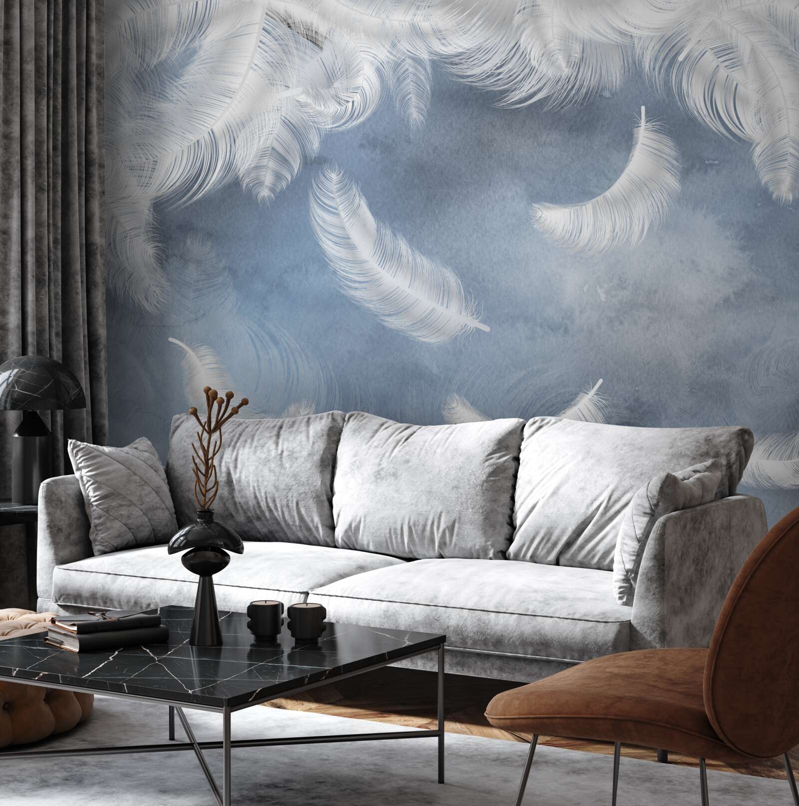 Papier peint les plumes volent blanc neige sur un ciel bleu