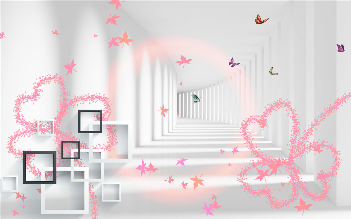 Papier peint papillons abstraits en forme de cœurs roses